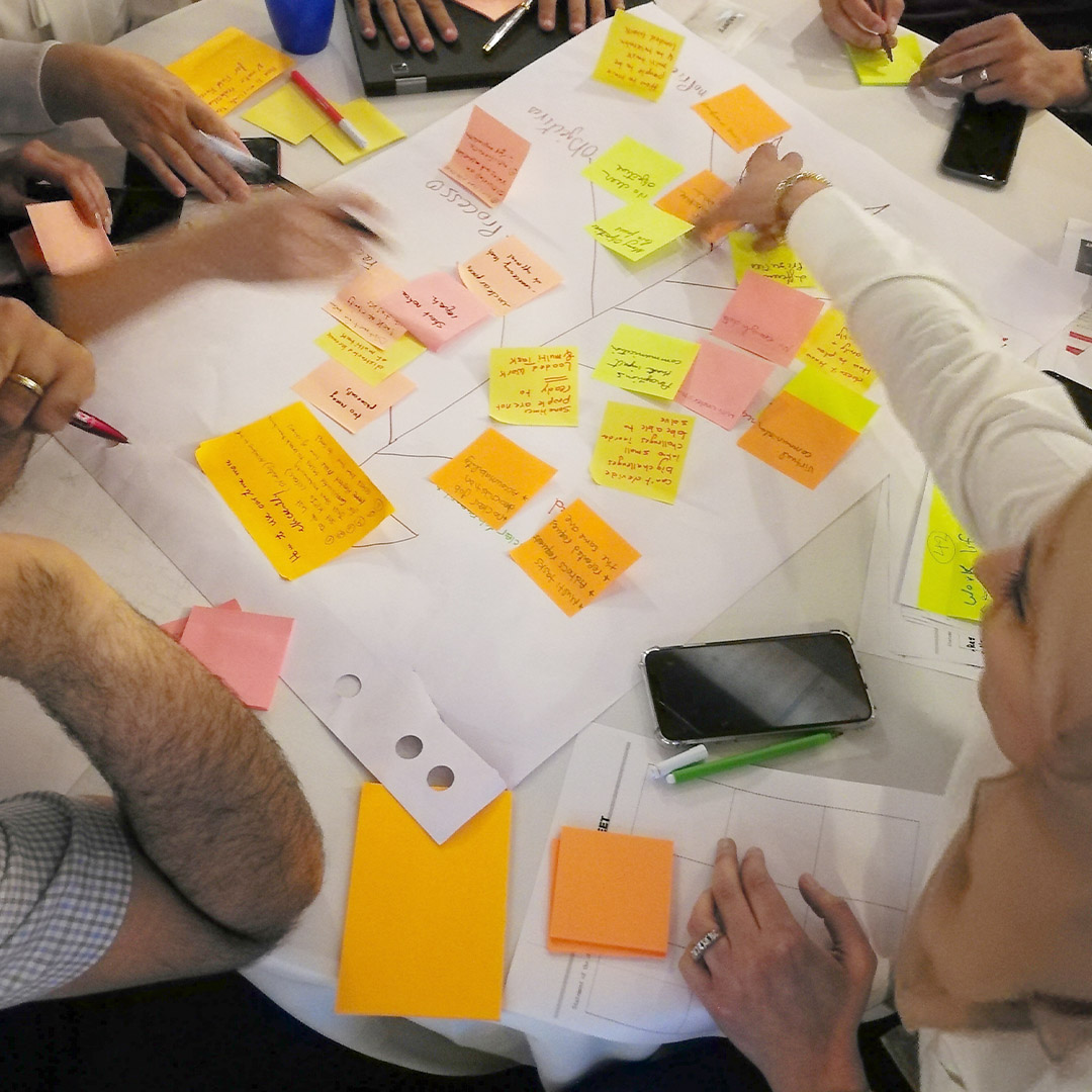 A group of people using post-it notes around a table.